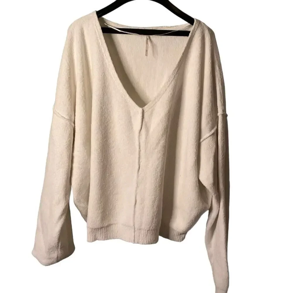 Free‎ People Women's White Cotton V Neck Sweater Size Small